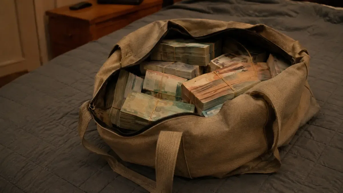 Bolsa de tela con bultos de billetes atados adentro