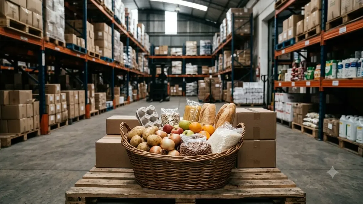 Una canasta con alimentos básicos sin envases de marca en un depósito logístico ordenado, plano medio documental, perspectiva natural