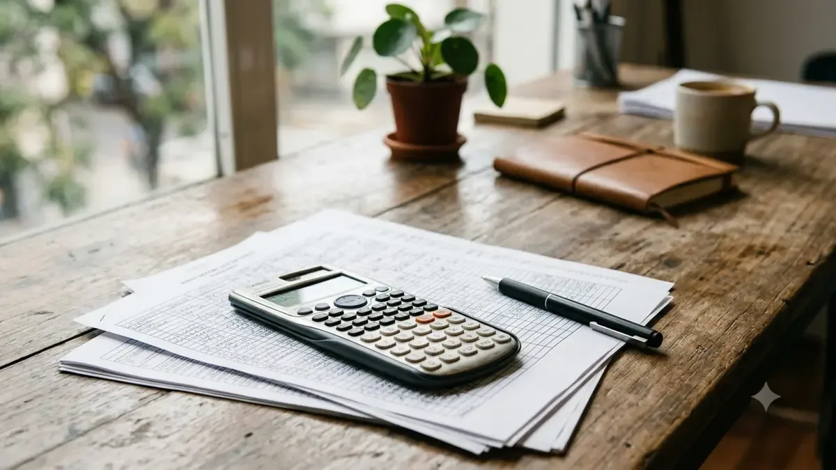 Calculadora y planillas sobre un escritorio