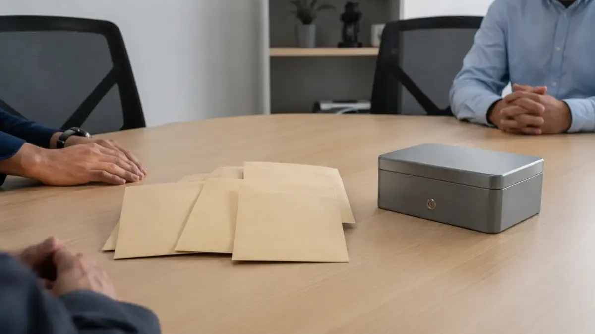 Sobres de ahorro cerrados y una caja metálica pequeña en una sala de reunión de una pyme, plano medio documental, perspectiva natural
